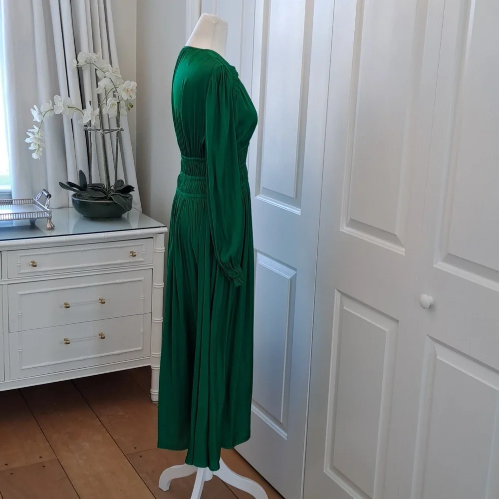 Maje Womens Rianette Smocked Silky Green Party/Wedding‎ Guest Midi Dress 38/6-8